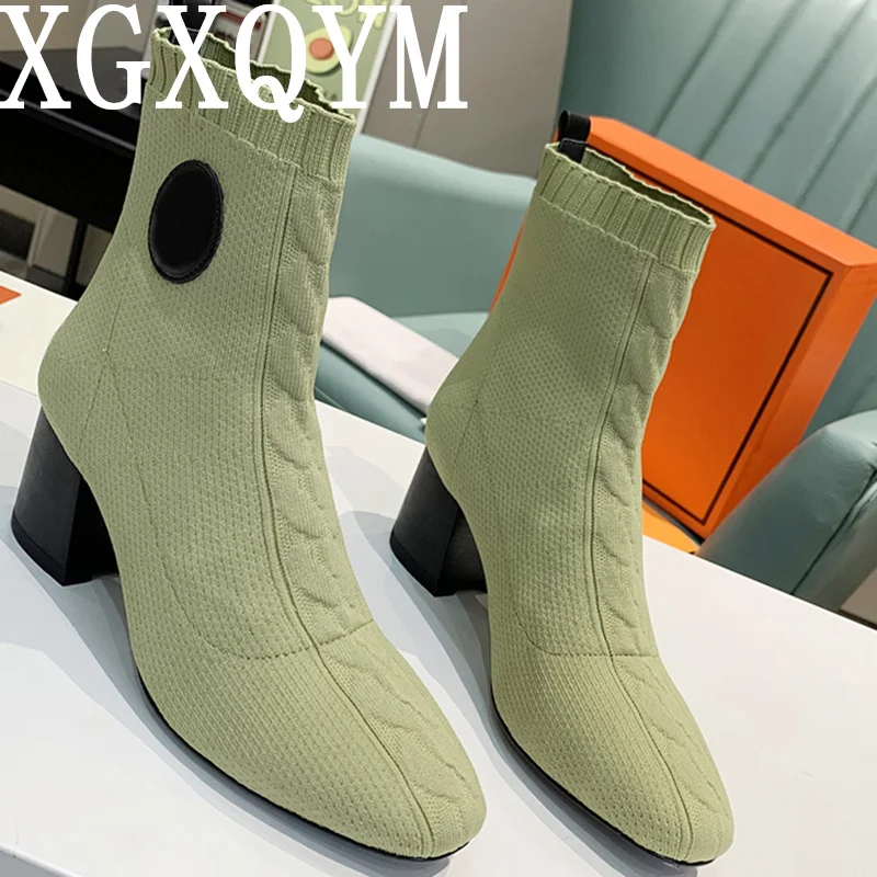 

Autumn Winter Women Socks Boots 2023 New Style Round Toe Chunky Heel Ladies Runway Designer Knitting Mid Calf Boots For Women