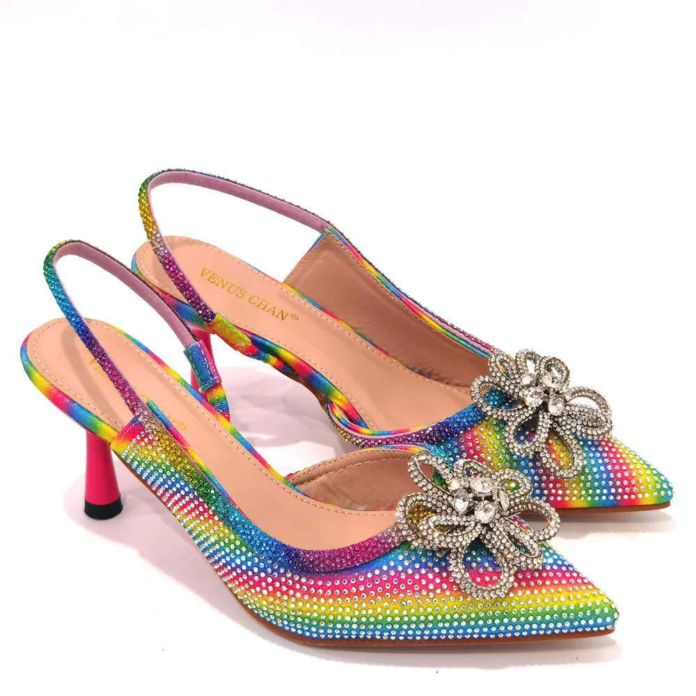 

Rainbow Color Shoes African Wedding Shoes High Quality Fashion Elegant Italian Women Shoe with Stone High Heels Summer Pumps