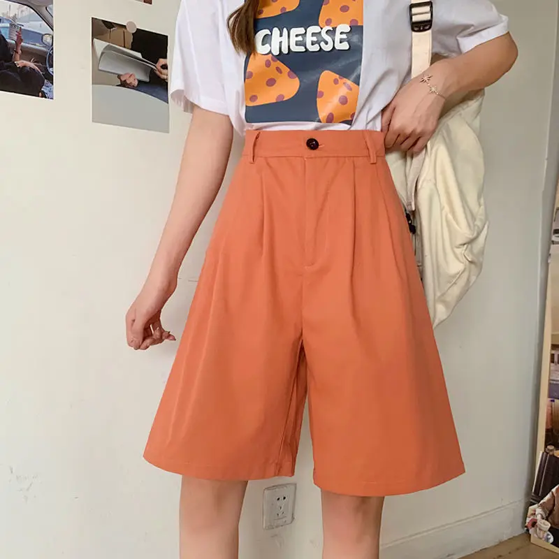 Soft Pleated Shorts Women’s Japan Simple Summer Knee Length Trousers College Teens Unisex Vintage High Rise Waist Loose Plus size womens Japanese Clothing for Woman in Orange