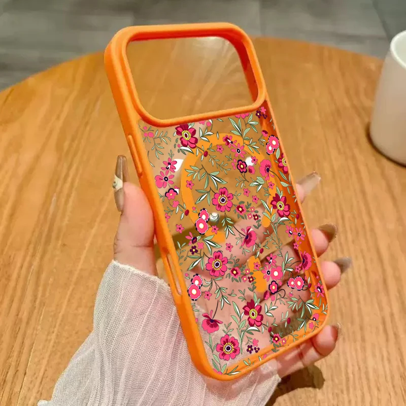 Magnetic Clear Phone Case with Green Leaf & Pink Floral Design