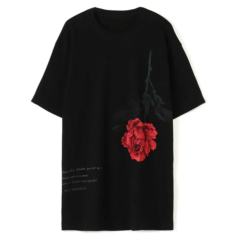 

Japanese Yohji Yamamoto Cotton Men's T-shirts Summer Rose Floral S'yte Letter Print Casual Round Neck Loose Short Sleeve Tops