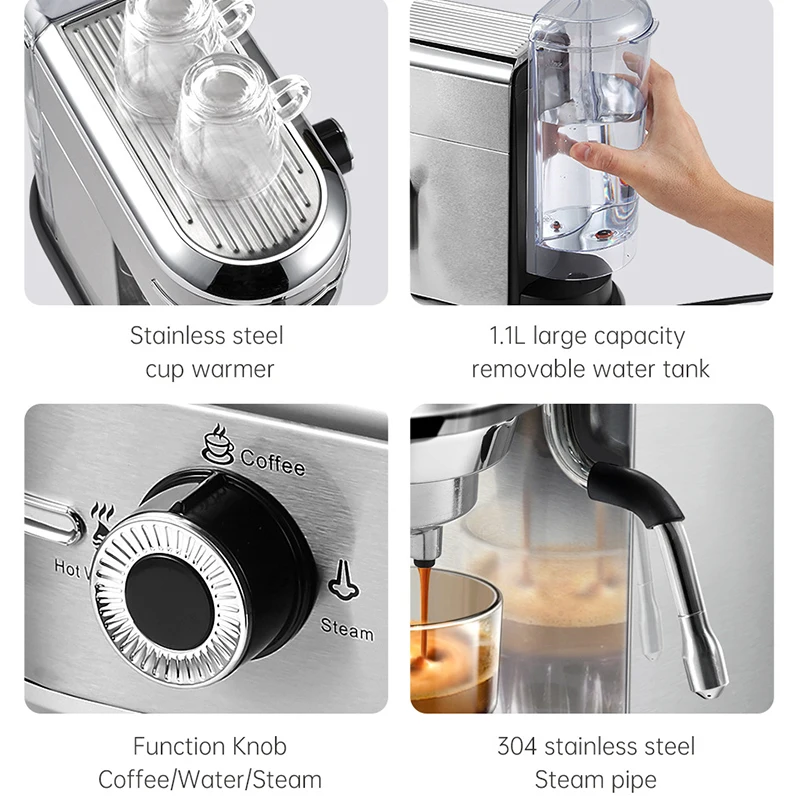 1.1L Coffee Maker Cafetera 19 Bar Inox Semi Automatic Super Slim ESE POD& Powder Espresso Cappuccino Machine Hot Water H11