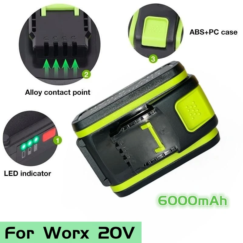 

20V 6000mAh Replacement For Worx Max Li-Ion WA3551 WA3551.1 WA3553 WA3641 WX373 WX390 Rechargeable Battery Tool