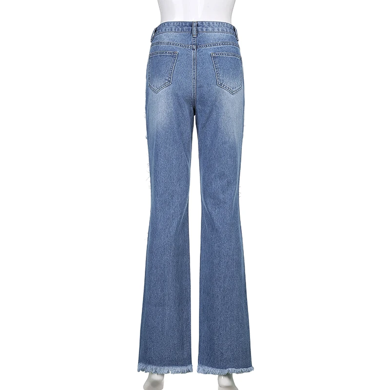 New Women's Vintage High Waisted Trouser 2021 Skinny Y2K Flare Jeans for Girls Ripped Denim Pants Female Fashion Harajuku Capris