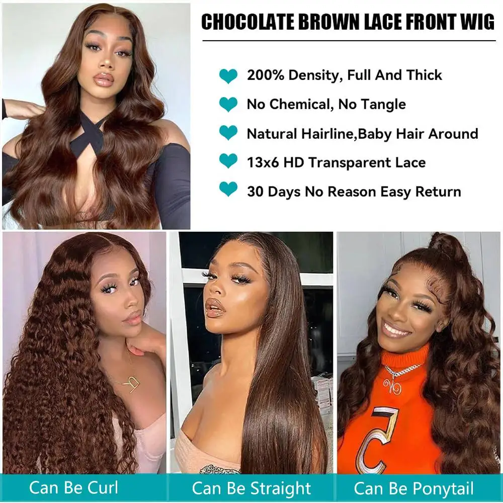 Body Wave Chocolate Brown Lace Front Wigs Human Hair 13x4 13x6 HD Lace Frontal Wig For Women Peruvian Lace Wigs Natural Hairline 3