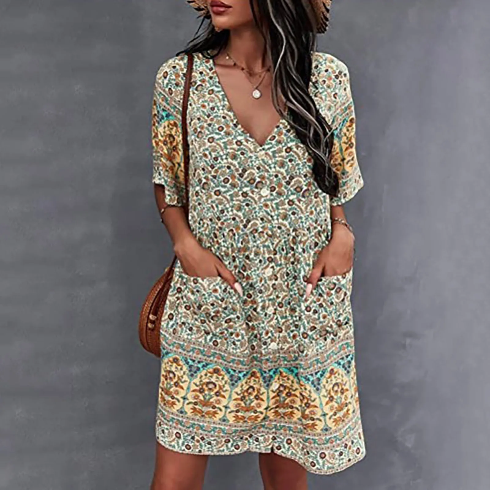 Plataz Women's Fashion-Coln Fashion-Print Dress Elegant Body-Dress V-Neck Short-Sleeved Dress DJPT main image 1