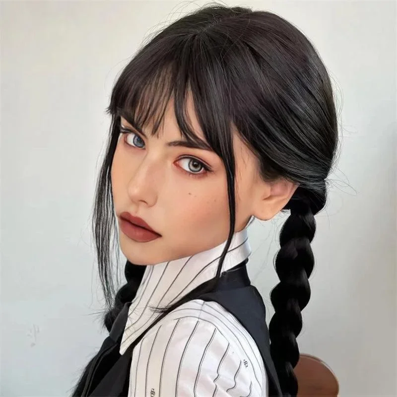 Simulation Bangs Wig Black Double Braids Oily Hair Style Twist Braid Wig High Temperature Silk Synthetic Fiber Head Role Play