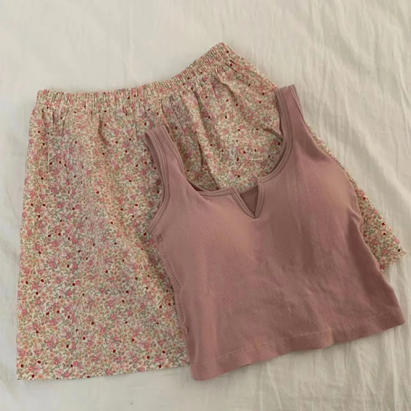 

Summer Women's Tricolor Pajama Set Vest Chest Pad Floral Lattice Elastic Waist Nightwear Unique Design Stretchy Top Nightgown