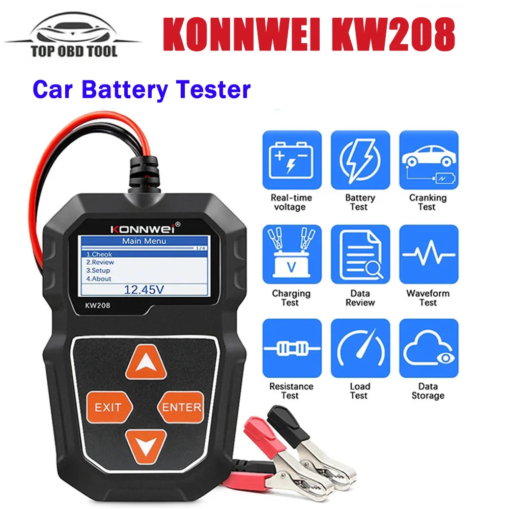 KONNWEI KW208 자동차 배터리 테스터, 크랭킹 충전 회로 테스터, 배터리 분석기, obd 진단 도구, 12V 100-2000CCA