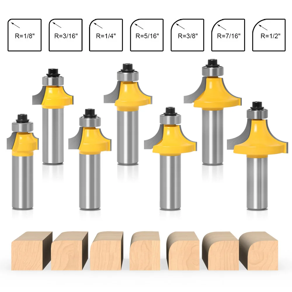 

7Pcs set 12 12.7mm shank woodworking slotting round corner milling cutter edge trimming machine engraving machine R-angle cutter