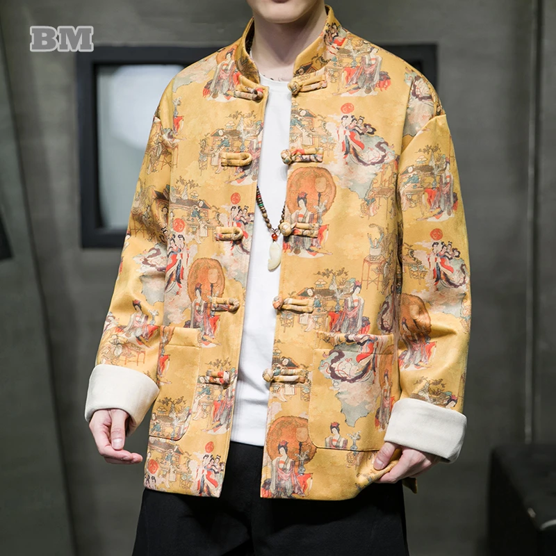 

Chinese Traditional Dress Vintage Print High Quality Jacket Men Clothing Plus Size Long Sleeve Tang Suit Spring Autumn Coats