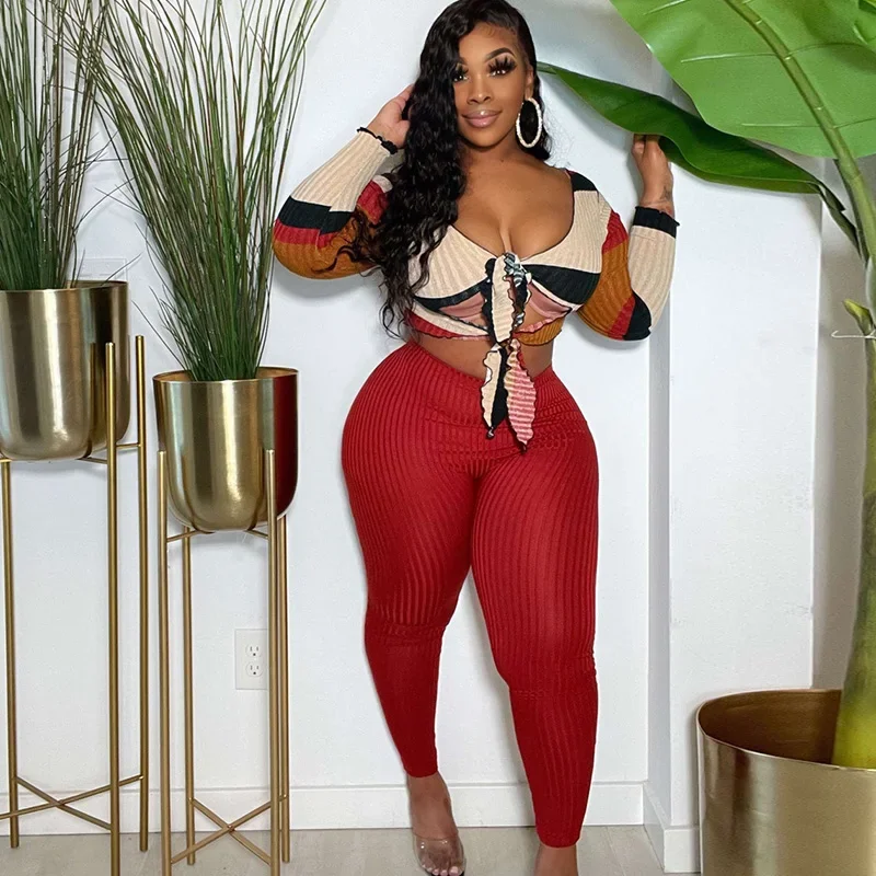 

Женский трикотажный костюм в рубчик, клубный комплект из двух предметов, бандажные брюки с длинным рукавом и принтом, повседневные подходящие комплекты