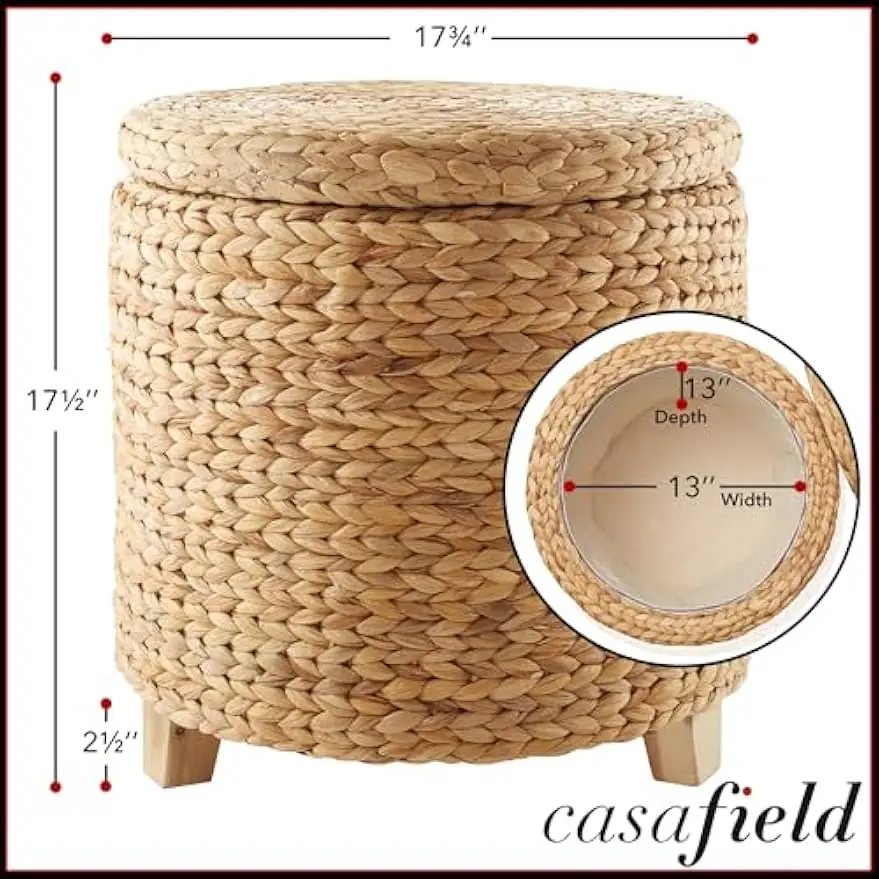 17" Round Storage Ottoman with Lid - Natural, Handwoven Water Hyacinth Footstool for Living Room, Bedroom, Bathroom, Home Office
