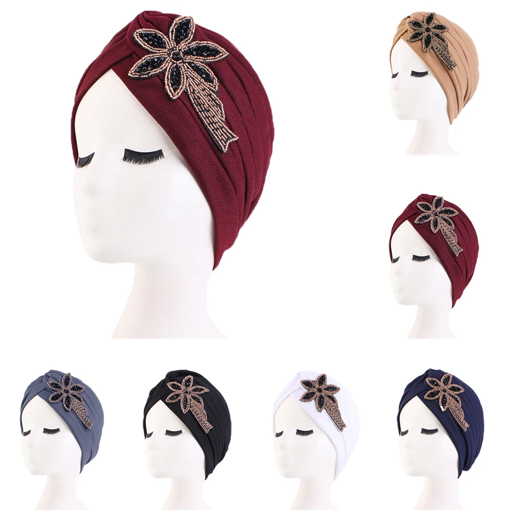 

Newest Indian Diamonds Turban Women Pleated Chemo Cap Cancer Headwear Muslim Hijab Stretch Beanies Bonnet Hat Har Care Headscarf