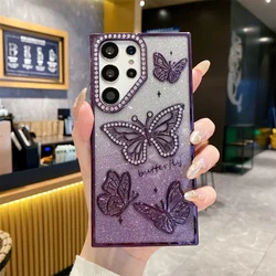 Cute Cartoon 3D Butterfly Diamond Glitter Gradient Phone Case with Plating Trim for Samsung S23Ultra (Purple SF)