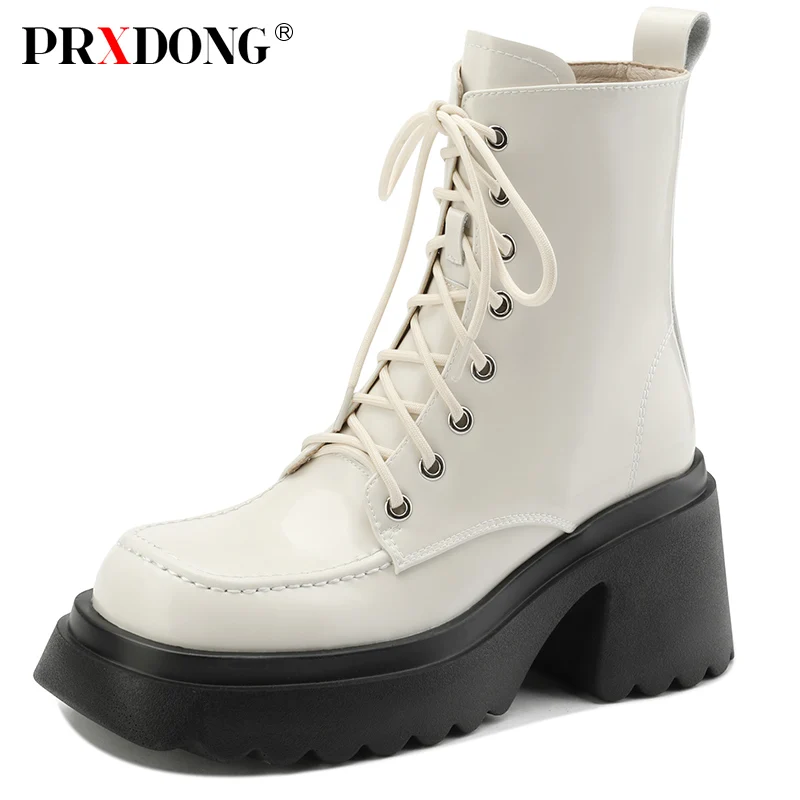 

PRXDONG Women's Genuine Cow Leather Autumn WInter Warm Shoes Chunky High Heels Platform Black Beige Dress Casual Ankle Boots 39
