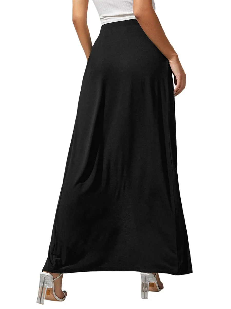 Women s Flowy Elastic Waist Maxi Skirt Solid Color Side Slit Loose Fit Moisture-Wicking Long Beach Skirt with Pockets
