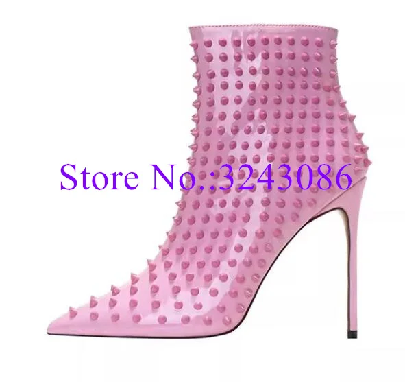 

Black Leather Rivets Lady Ankle Boots Sexy Thin Heel Woman Studs Short Boots Fashion Large Size Banquet Shoes Dropship