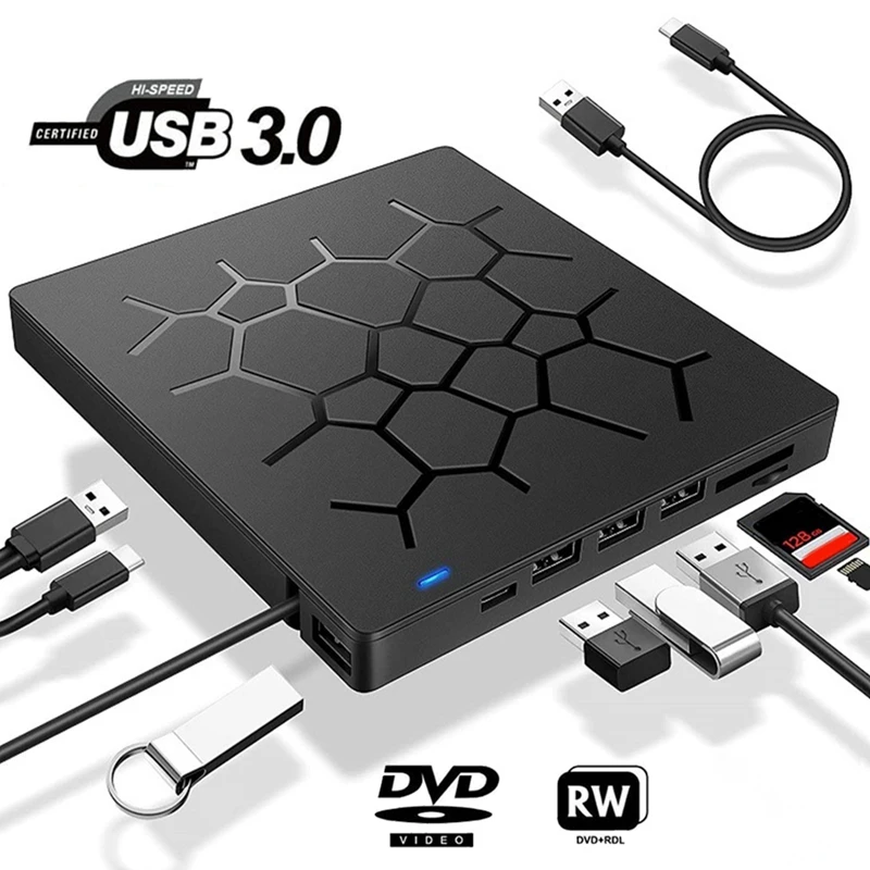 External CD/DVD Drive 6 In 1 DVD Drive Player USB 3.0 Type-C With SD/TF & USB3.0 Optical Drives For PC Laptop