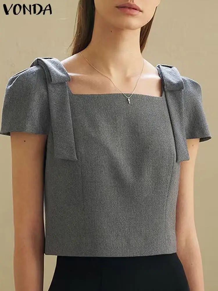 

Women Elegant Short Sleeve Blouse 2023 VONDA Fashion Office lady Shirts Casual Loose Summer Tops Oversized Solid Color Blusas