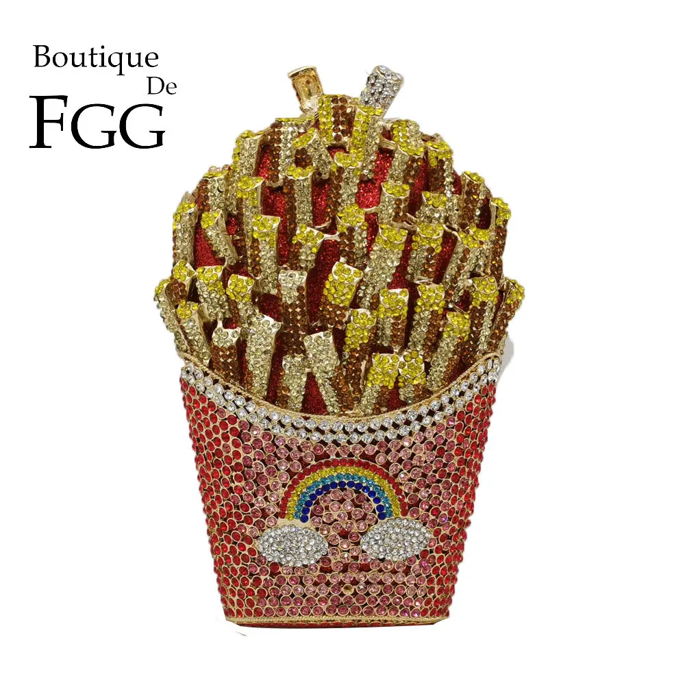 Boutique De FGG French Fries Chips Rainbow Clutch Minaudiere Bag Women  Crystal Evening Bag Diamond Wedding Handbag Bridal Purse