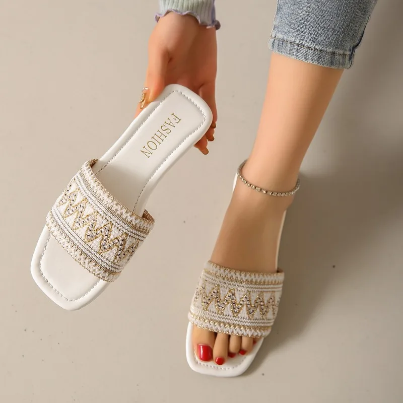 

Women's Slippers Plus Size Summer Shoes for Women 2024 New Outdoor Flat Square Toe Women's Slippers Roman Ladies Casual Slides