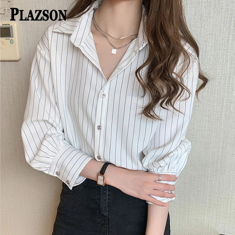 PLAZSON 여성용 클래식 스트라이프 셔츠, 싱글 브레스트 긴팔 가디건 블라우스, 오피스 셔츠 상의, 용수철 가을 패션