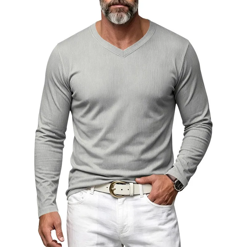 Herren Einteiliges Herbst- und Winter-Unterhemd mit V-Ausschnitt, Lässiges Loses Strick-Langarm-T-Shirt, Weiches und Dehnbares Basic-Layering-Oberteil