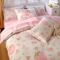 Cute Pink Strawberry Duvet Cover Flat Sheet Pillowcase Floral Bedding Set Girls Bed Linen Soft Thick Washed Cotton Bedclothes 1