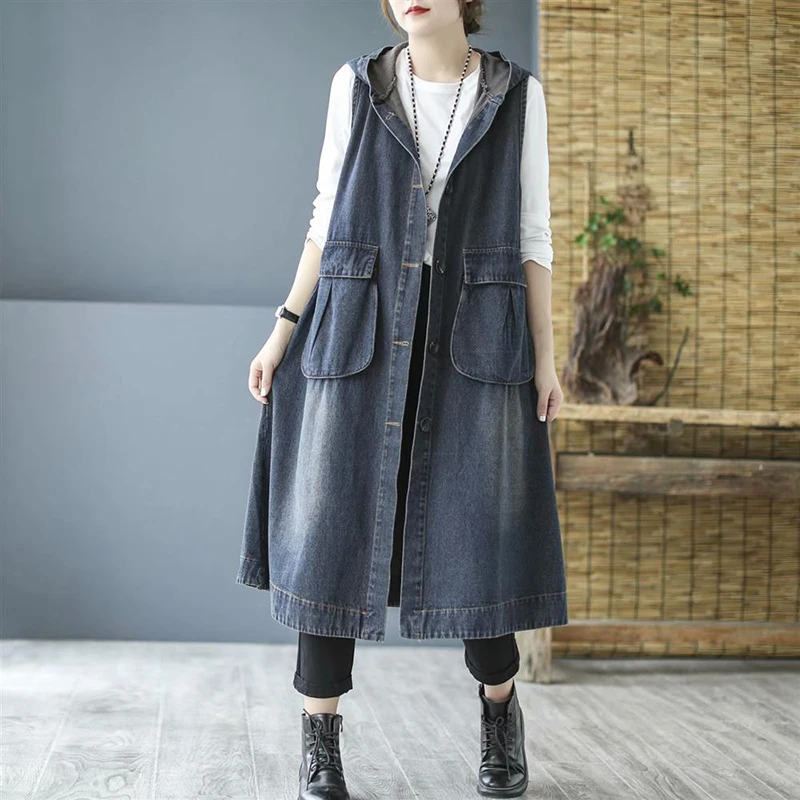 

Женский джинсовый жилет на пуговицах, повседневный длинный джинсовый жилет с капюшоном, свободный винтажный жилет без рукавов, модель 100 кг в Корейском стиле на осень