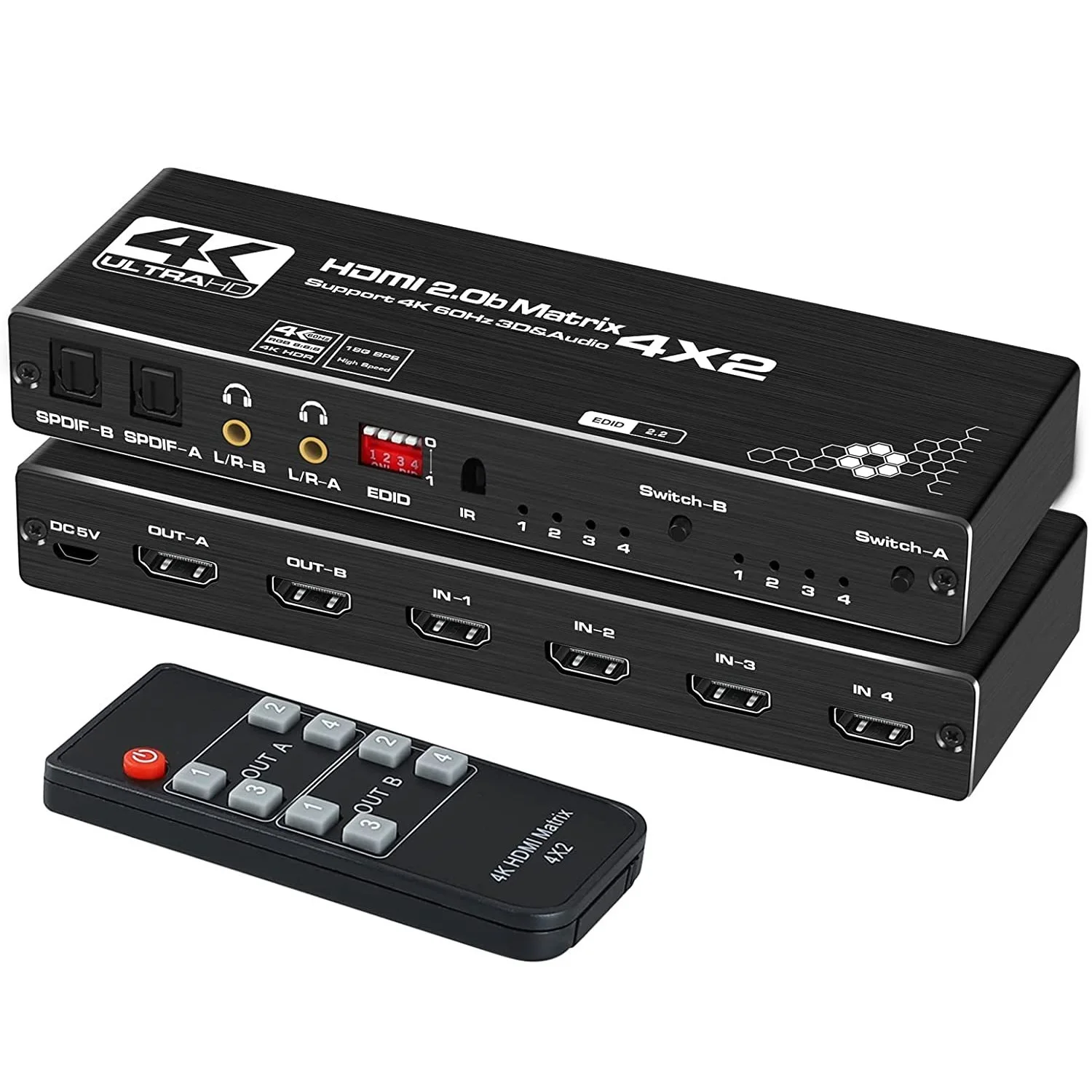 Matrix Switcher 4x2 HDMI 2.0b Matrix Switch 4K HDMI Switcher Splitter and L/R Audio Output, Scaler EDID with Remote