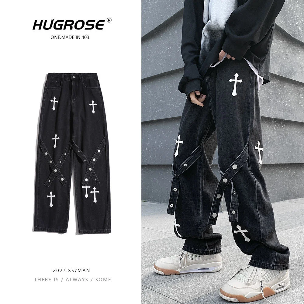 

Hip-hop Washed Jeans For Men Loose Trend Printing Cross Loose Pants Casual Wide-leg Straight Mopping Denim Trousers Four Seasons