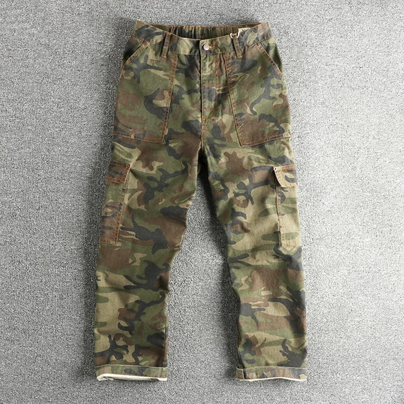 Amikaji Retro Silhouette Loose Straight Leg Casual Pants Men Made Of Pure Cotton Woven Washed Worn Camouflage Workwear Trousers