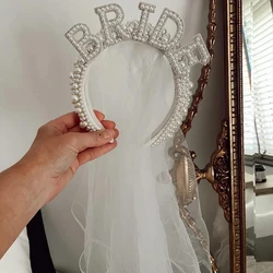 Elegant White Pearl Bridal Headband with Veil - Perfect for Weddings and Bridal Celebrations (Bride)
