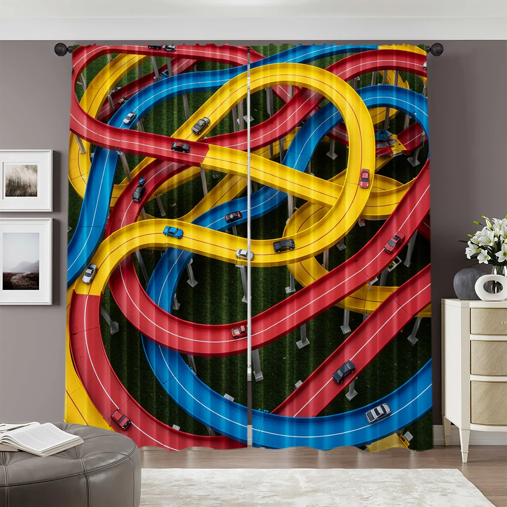 2pcs, spring summer Curtains Vibrant racing track Sheer Curtains Versatile Polyester Decorations Outdoor Perfect for Bedroom, 2