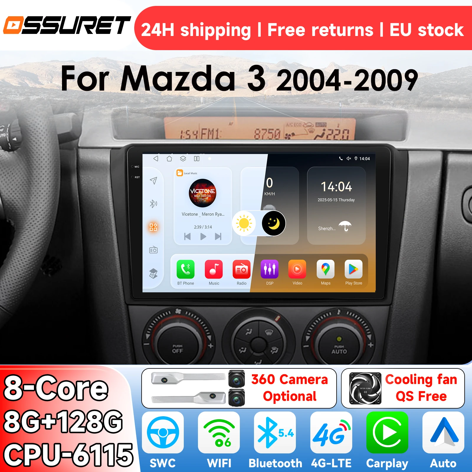 Radio para Auto OSSURET con Sistema Inteligente Android 14 para Mazda 3 2004-2009, Reproductor Multimedia con Carplay, GPS, 4G, 6115 1