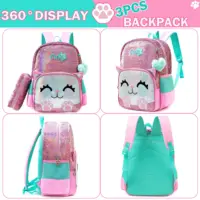 Hot Sale Sequin New Cartoon Animal Backpack 16'' Cat Printing Student Cartoon Cute Children's Schoolbag with Lunchbag and Penbag 2