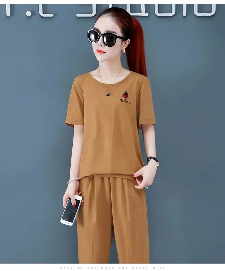 Embroidered Two Piece Suit Female Summer 2022 New Korean Loose Short Sleeved Fashion Casual Women 2 Piece Set Orange Khaki Black