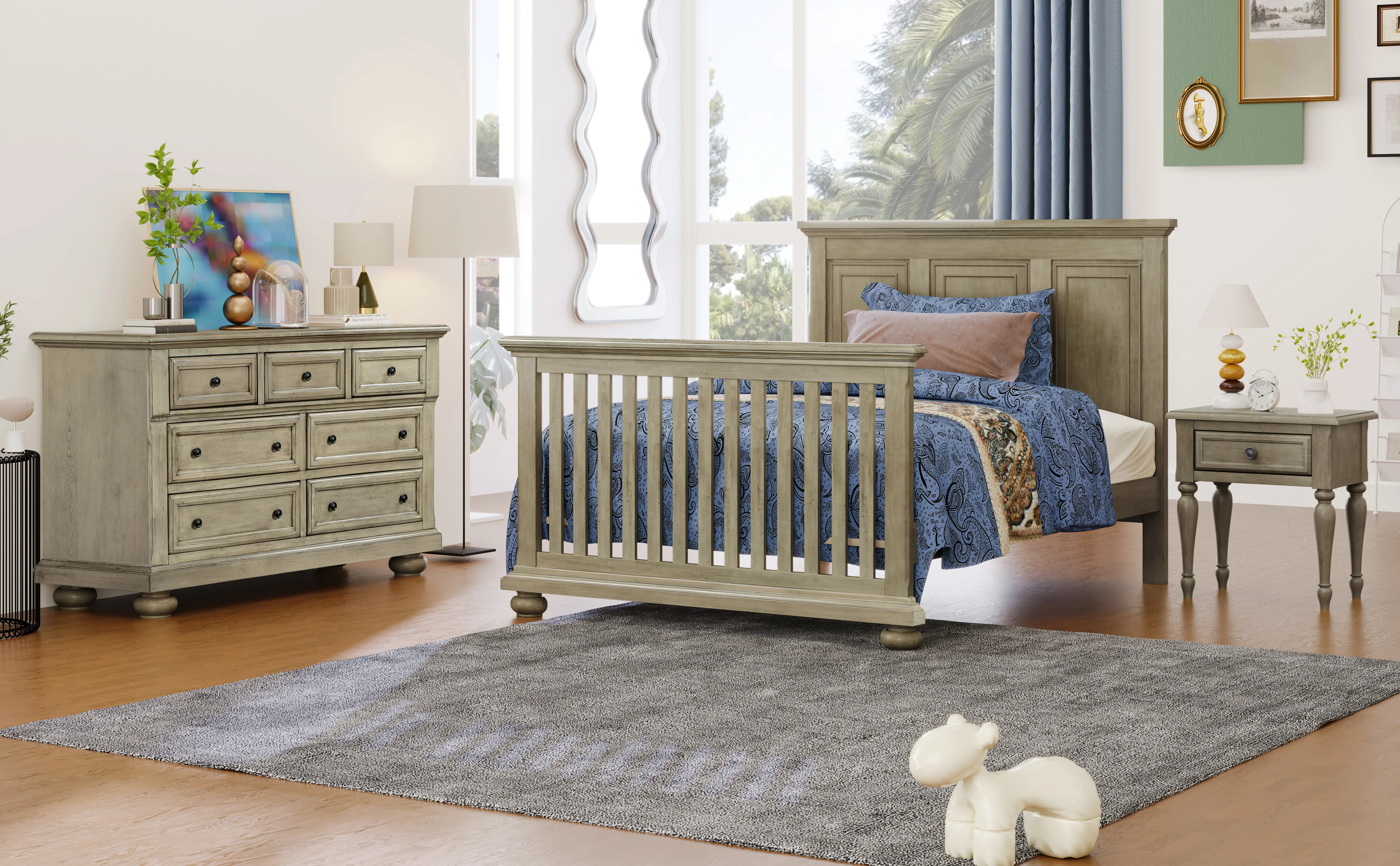 

3 Pieces Nursery Sets Traditional Farmhouse Style Full Bed + Nightstand +Dresser,Stone Gray