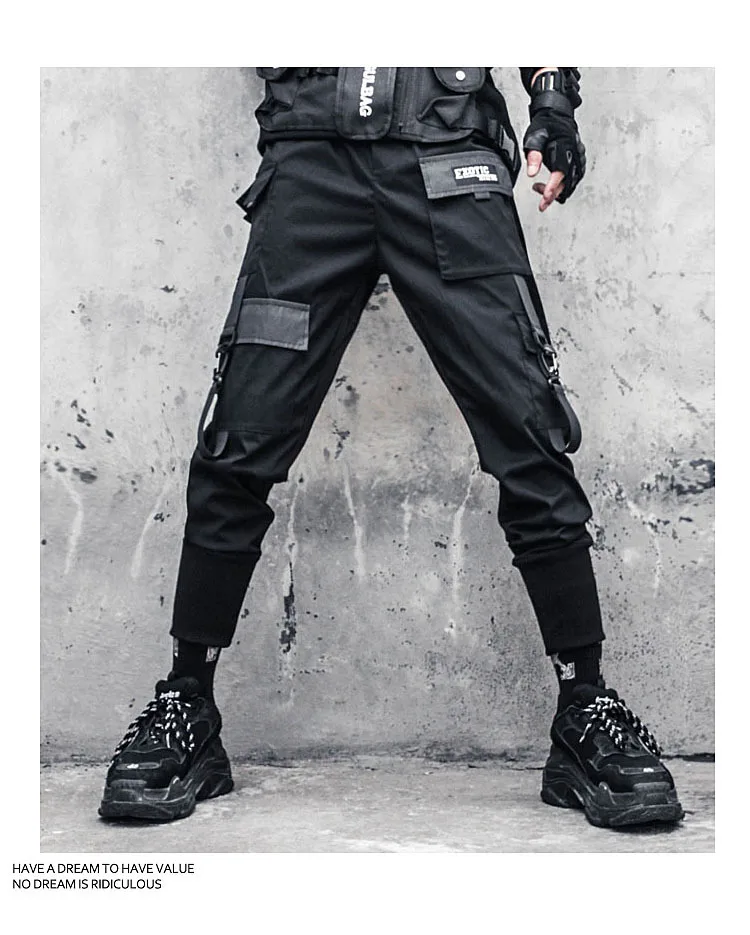 HOUZHOU black overalls jogging pants overalls men's spring and autumn Japanese street hip-hop stitching ribbon 2022 models work casual pants