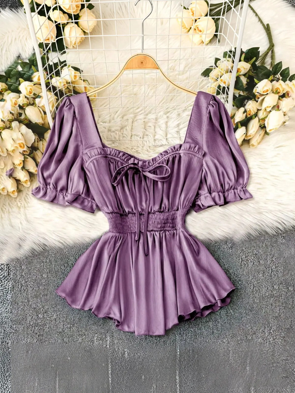 Chic Purple Pleated A-Line Top with Flared Sleeves for a Slimming Silhouette