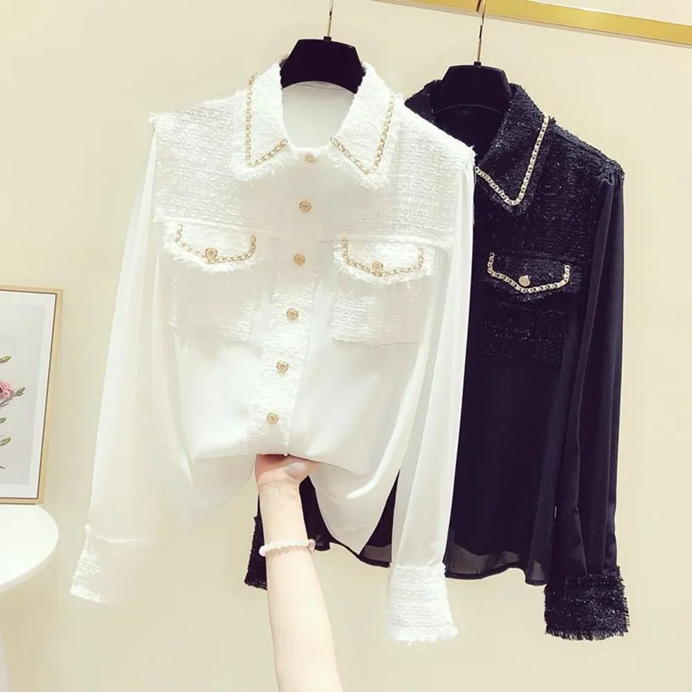 

French Retro Small Fragrance Wind Women Blouse Splice Shirt Tweed Women's Clothing Spring Autumn New Design Chiffon Top LJ198