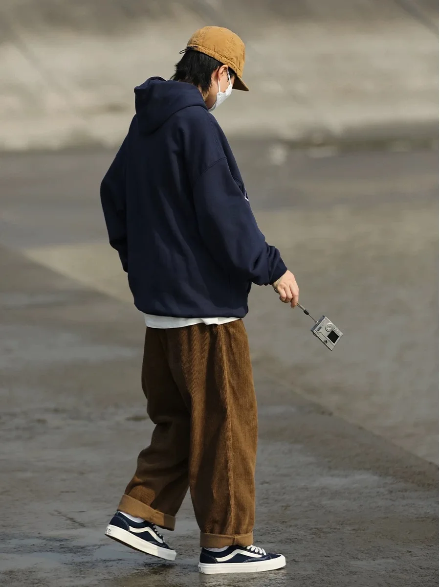 Men Corduroy Wide Leg Straight Pants Japan Korean Streetwear