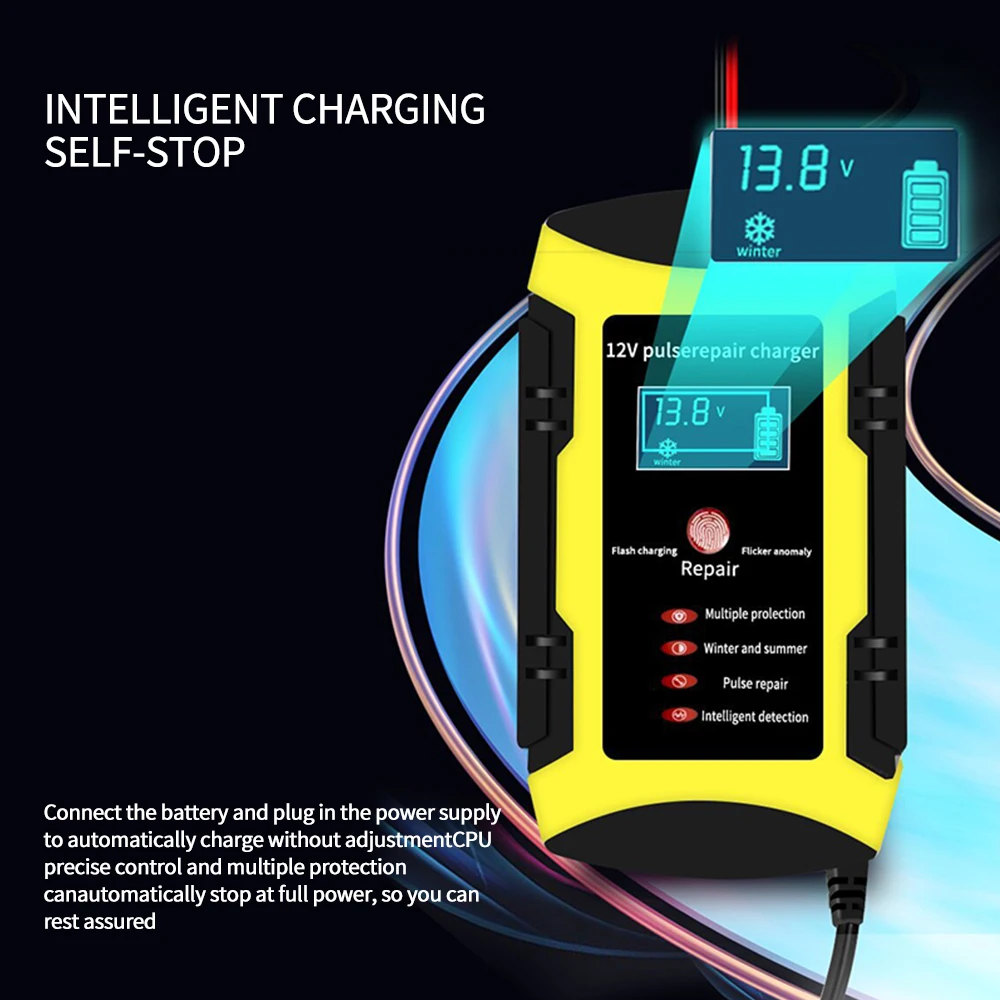 Car Battery Charger Full Automatic 12V 6A Intelligent Fast Charging Pulse Repair Charger for Agm Gel Wet Lead Acid Lcd Display