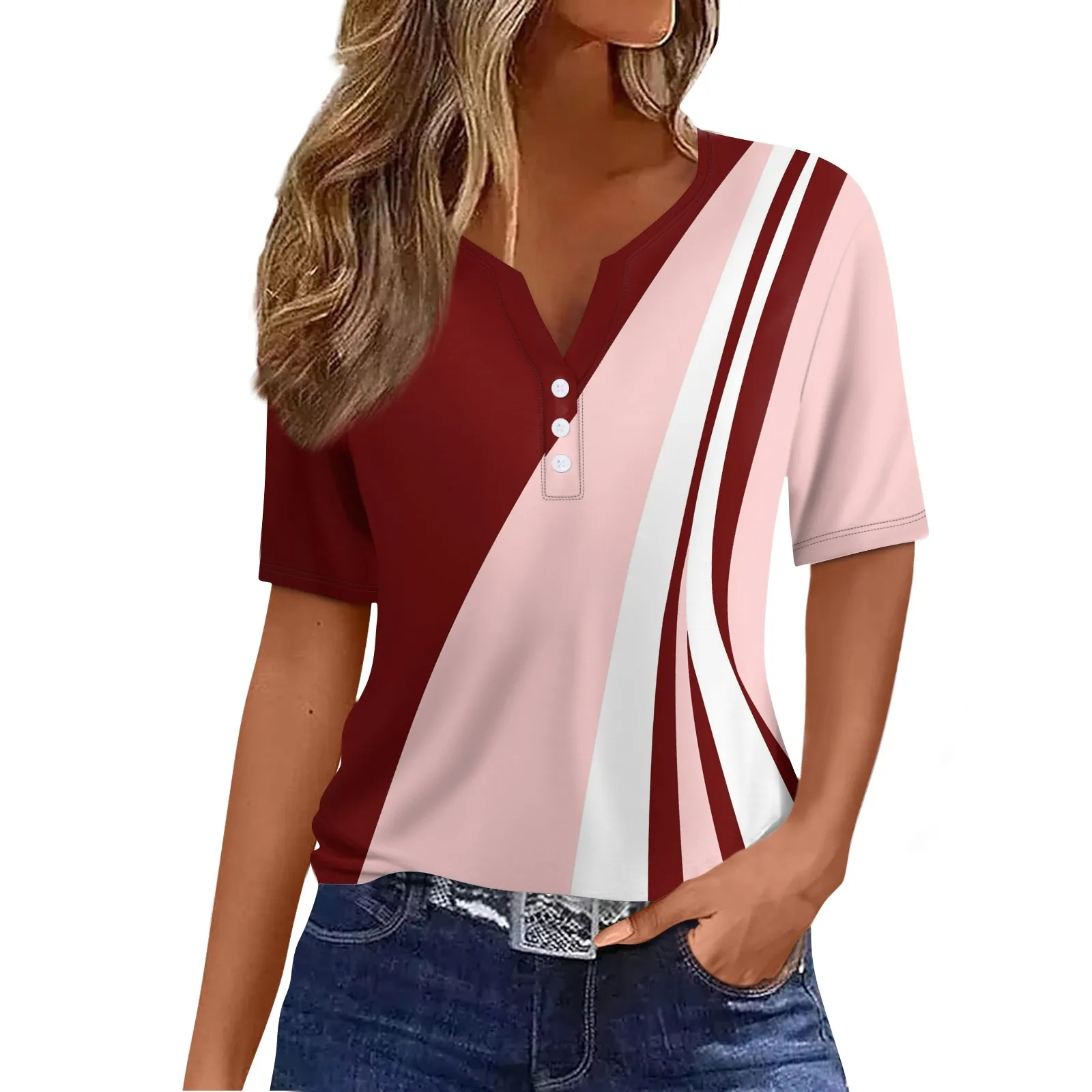 

Women'S Shirtee Print Button Short Sleeve Daily Weekend Fashion Basic V- Neck Regularop Youthful Woman Clothes Woman Clothing