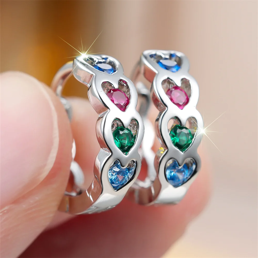 Single Row Love Heart Rainbow Crystal Hoop Earrings For Women Vintage Gold Silver Color Ear Buckle Wedding Jewelry Bridal Gifts