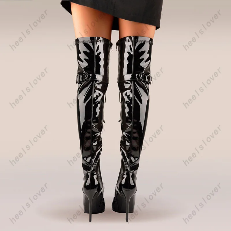 Ahhlsion Italian Style Women Thigh Boots Zipper Stiletto Heels Pointed Toe Classics Black Party Shoes Ladies US Size 5-15