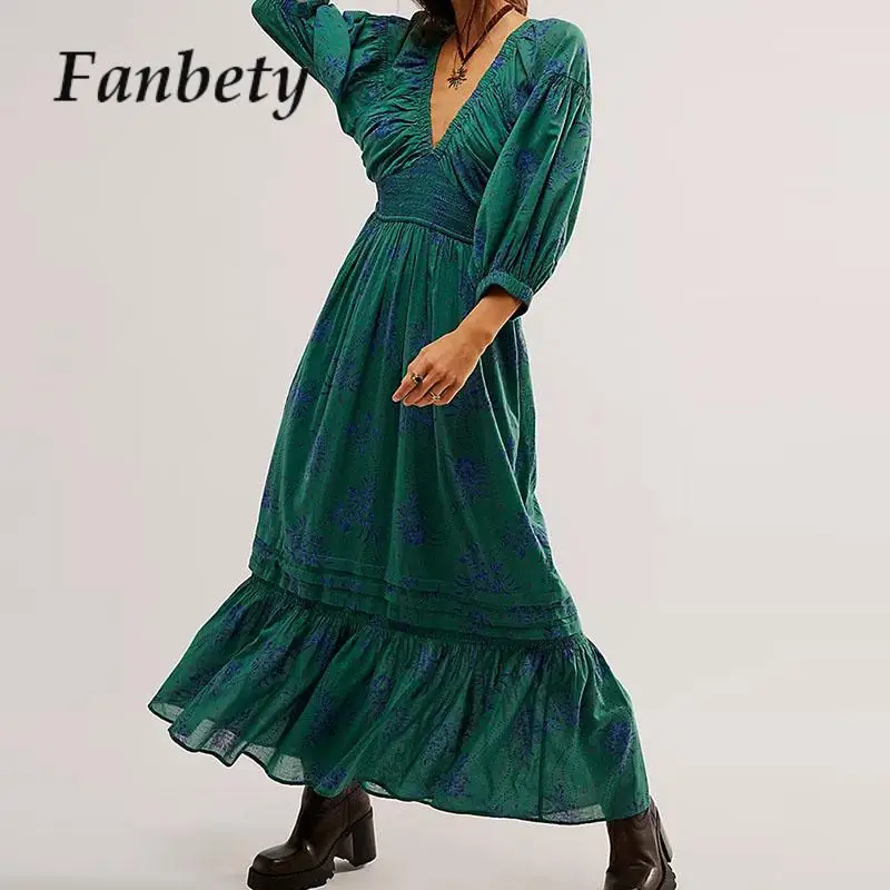 

Fashion Summer Floral Print Half Sleeve Long Dress Women Bohe A-Line Beach Dress Lady Vintage Deep-V Elastic Waist Loose Dress