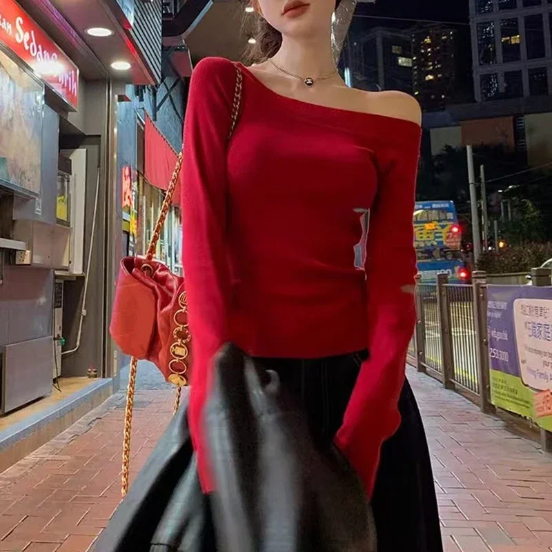 Autumn and Winter New Off Shoulder Long-sleeved Women's Knitted Sweater Fashion and Casual Solid Color Knitwear Bottom Shirt