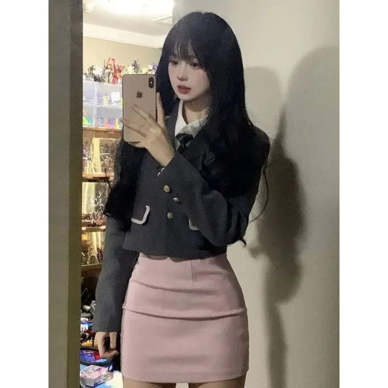 

Японский и корейский Школьный костюм, Женская куртка, белая рубашка, модная пикантная юбка на бедрах, школьный стиль для девочек, костюм-тройка JK